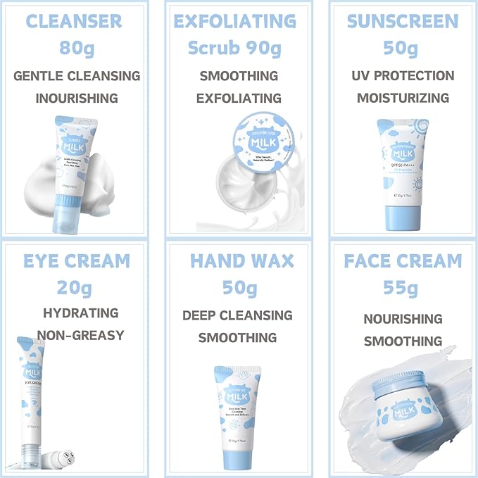 Skincare Kits Milk Girls Gifts - Teen Skin Care Set - Skin Care Routine Kit for Women - with Hand Wax,Sunscreen,Face & Eye Cream,Exfoliating Scrub,Skin Care Bag - Mothers Day Gifts (7PCS, Milk)