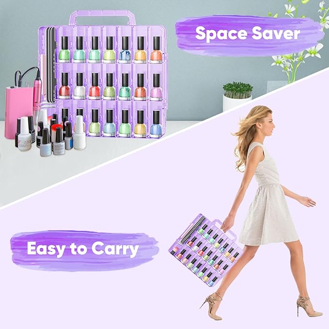 JIASHENG Nail Polish Organizer Case Holders, 48 Bottles Universal Nail Storage Box for Double Side Adjustable Space Divider for Acrylic Nail Gel Dip Powder Tips Set with Toe Separator, Purple
