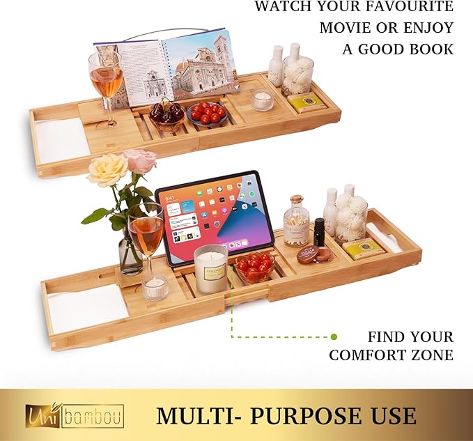 Bamboo Bathtub Caddy Tray for Luxury Bath, Expandable Bath Tray for Tub with Book and Wine Holder- Gift Idea for Loved Ones