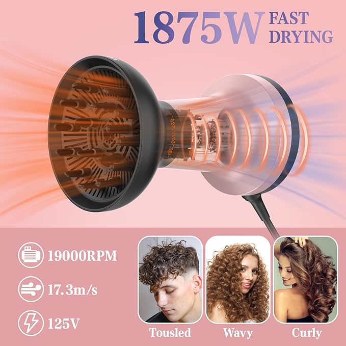 2 In 1 Diffuser Hair Dryer for Curly Hair, Ultra 1875W Ionic Hair Dryer with Diffuser & Comb Nozzle Attachment, Enhances Curl Waves, Reduce Frizz, Overheat Protection, Travel Size, Gifts for Women Her