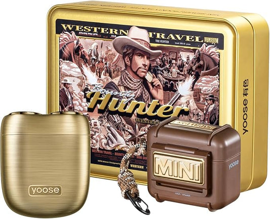 yoose Bounty Hunter Mini Shaver Gift Set, Portable Alloy Travel Shavers, Cordless Shaving, USB-C Rechargeable Electric Razor for Men, Dry Shave, IPX7 Waterproof, Easy Cleaning, Battery Indicator, Gold