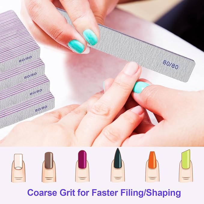 80/80 Grit Nail Files (100 Pack), Heavy Coarse Emery Boards for Acrylic Nails and Gel Nails, 80 Grits Double Sided Nail File Emory Professional Nail Filer Reusable Washable Manicure Square Gray