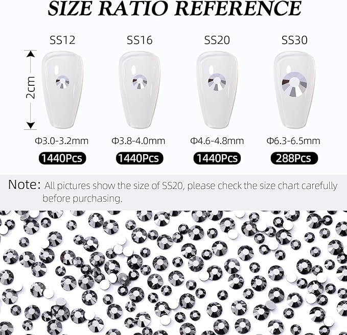 Black Hematite Flatback Rhinestones, Glass Rhinestones for Nail Art and Craft, Glue Fix, Loose Crystal Gemstones(Black Hematite, SS30, 288pcs, 6.4-6.6mm)