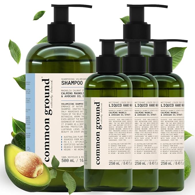 COMMON GROUND 3 Hand Wash & 1 Shampoo & Conditioner Bundle (5 Items), Paraben & Cruelty Free, Organic, Vegan, Plant-Based, Botanical Scent & Avocado Oil Extracts, Men, Women, Sensitive