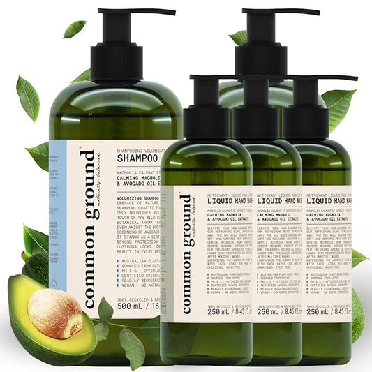 COMMON GROUND 3 Hand Wash & 1 Shampoo & Conditioner Bundle (5 Items), Paraben & Cruelty Free, Organic, Vegan, Plant-Based, Botanical Scent & Avocado Oil Extracts, Men, Women, Sensitive