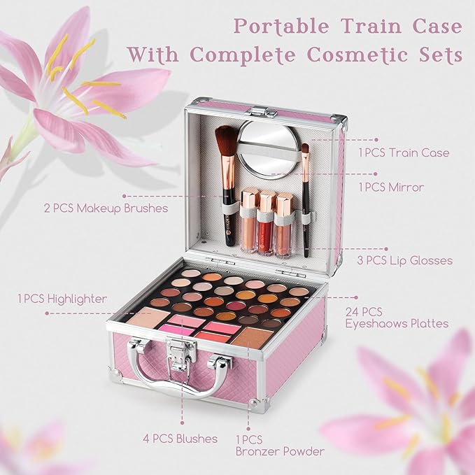 Color Nymph Beginner Makeup Kit For Teens With The Small Cosmetic Train Case Included 24-Colors Eyeshadow Palette Blushes Bronzer Highlighter Lipstick Brushes Mirror(Pink)