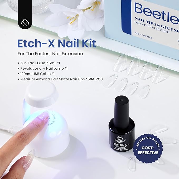 Beetles Gel Nail Kit Easy Nail Extension Set Etch X Nail Tips 500Pcs Half Matte Pre-filed Medium Almond Nail Tips with 5 in 1 Mutipurpose Glue Gel Base Uv Led Nail Lamp DIY Manicure Art