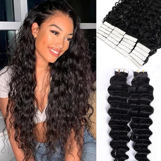 Curly Tape in Hair Extensions Human Hair for Black Women Seamless Skin Weft Invisible Tape in Hair Extensions Double Sided Deep Wave 16 Inch 50G 20pcs/set Curly Wavy Remy Hair Natural Color