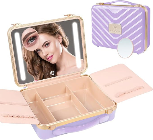 Kalolary Travel Makeup Train Cases with Lighted Mirror 3 Color Setting, Makeup Bag Cosmetic Case Organizer Adjustable Brightness Portable Makeup Storage Box with Detachable 5X Magnifying Mirror Purple