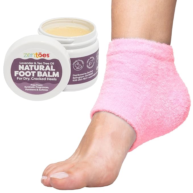 ZenToes Moisturizing Heel Socks with Natural Hydrating Foot Balm Bundle - Home Pedicure Gift Set - Fuzzy Pink Kit
