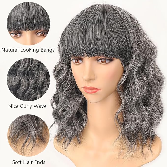 AISI HAIR Grey Salt & Pepper Synthetic Wavy Curly Bob Wig with Bangs Short Wavy Hair for Women Synthetic Heat Resistant Bob Wigs