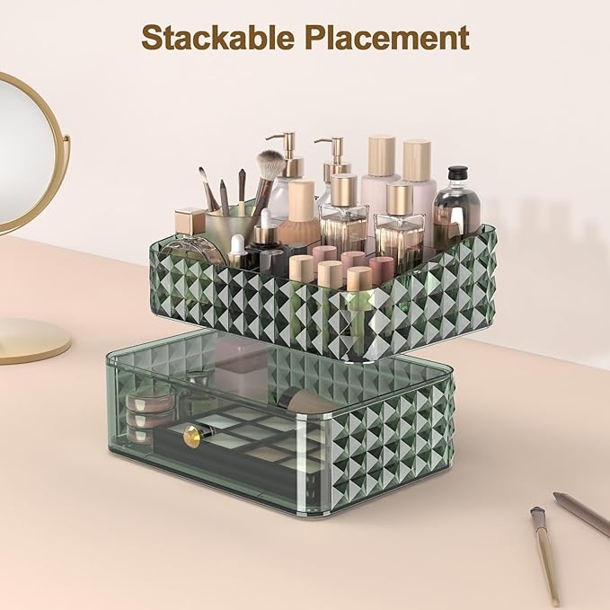 Makeup Organizer for Vanity, Stackable Cosmetics Organizer and Storage, Cosmetic Display Cases with 1 Drawers and 1 Tray for Makeup Brush, Hair Accessories, Lipstick and Jewelry, Green