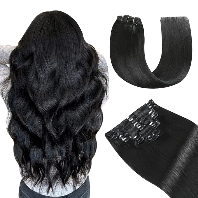 YILITE Clip in Hair Extensions Real Human Hair, Jet Black Human Hair Extensions Clip ins 8Pcs/Pack 110g Natural Silky Double Weft Straight for Women (14inch #1 Jet Black)