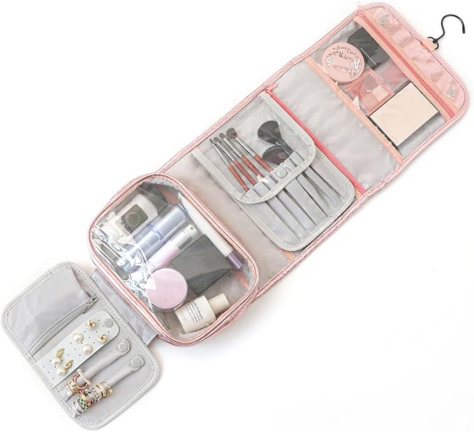 Travel Toiletry Bag for Women,Hanging Travel Toiletry Bag with Jewelry Organizer Compartment,Makeup Bag, Waterproof and Dirt Resistant, Travel Essentials,Bright Pink