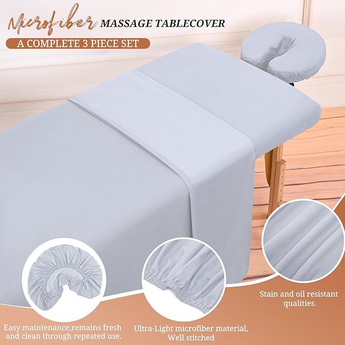 18Pcs 6 Sets Massage Table Sheets Set 3 Piece Set Includes Massage Bed Sheets, Massage Bed Cover Massage Face Rest Cover, Spa Bed Cover Massage Sheets Sets for Beauty Salon and Home Spa (Light Grey)