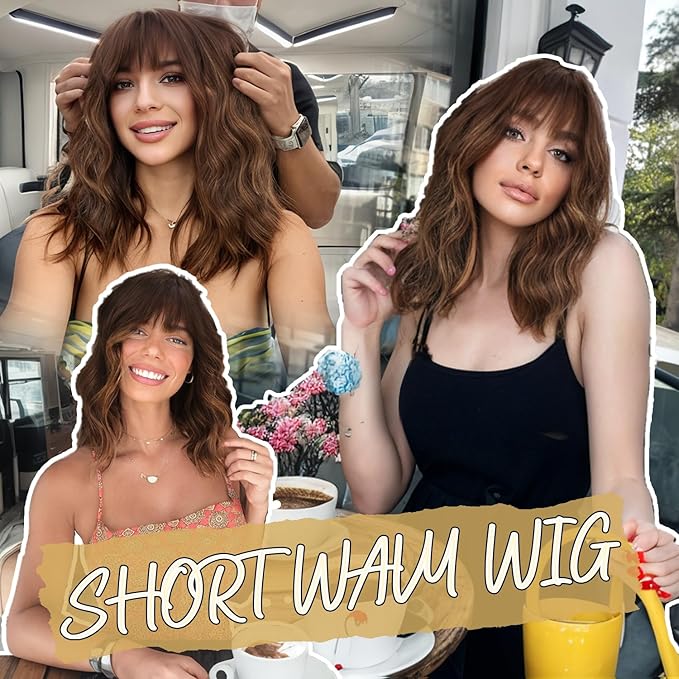 AISI HAIR Synthetic Wavy Curly Bob Wig with Bangs Brown Highlight Short Hair for Women Synthetic Heat Resistant Bob Wigs