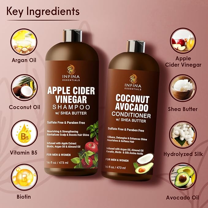 Apple Cider Vinegar Shampoo and Conditioner Set Sulfate Free for Men & Women - Itchy Scalp Shampoo w/Moisturizing Coconut Avocado Conditioner - Loc Shampoo and Conditioner for Dreads, 16 fl oz each