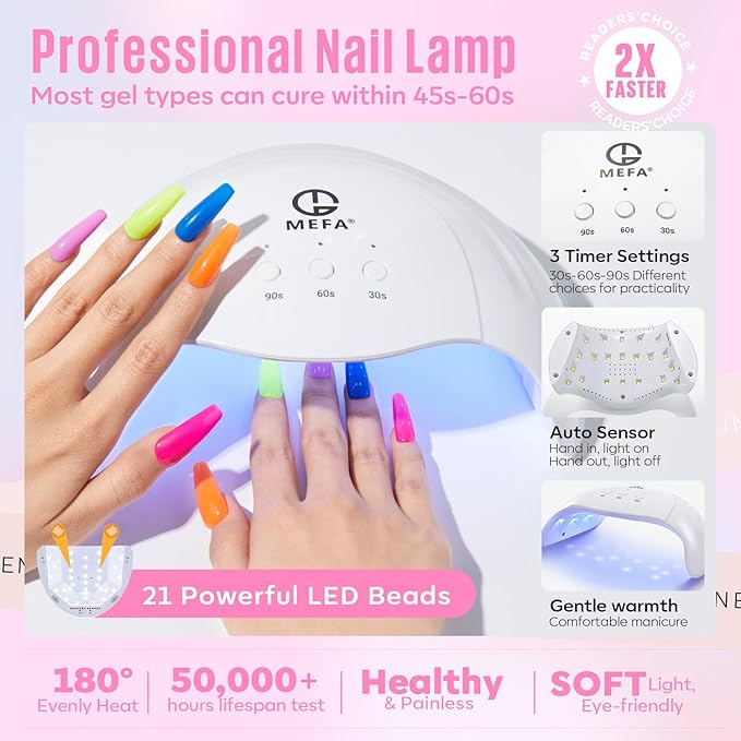 MEFA 32 Colors Gel Nail Polish Kit with U V Light, Spring Bright Pastel 54Pcs Pink Gel Polish Nail Set with Matte/Glossy Base Top Coat Essential Manicure Tools Nails Art Decorations Women Gifts