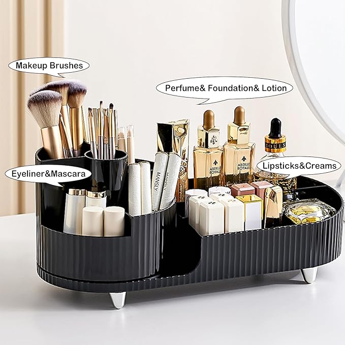 Rotating Makeup Organizer for Vanity with Brush Holder, Cosmetic Makeup Storage Organizer, Large Spinning Makeup Skincare Organizer, Countertop Makeup Perfume Organizer, Lotions Display Case (Black)