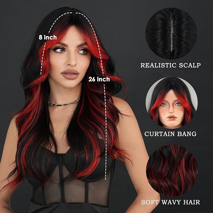 Black Red Highlight Long Wavy Wig with Curtain Bang 26 Inch Red Black Ombre Synthetic Heat Resistant with Dark Root Wig for Women Daily Party used.