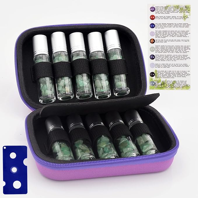 Essential Oil Roller Bottle 10ml w EVA Carrying Travel Case（Clear Glass Bottle with silver Cap、10pack、Gemstone Roller Balls、Crystal Chips Inside、Opener Gemstone Roller Ball Bottles