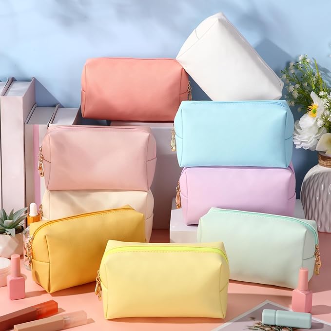 Sanwuta 9 Pcs Preppy Makeup Bag PU Leather Cosmetic Bag Makeup Pouch Plain Waterproof Toiletry Organizers for Traveling Preppy Travel Purse End of the Year Teacher Gifts Bulk(Macaron Colors)