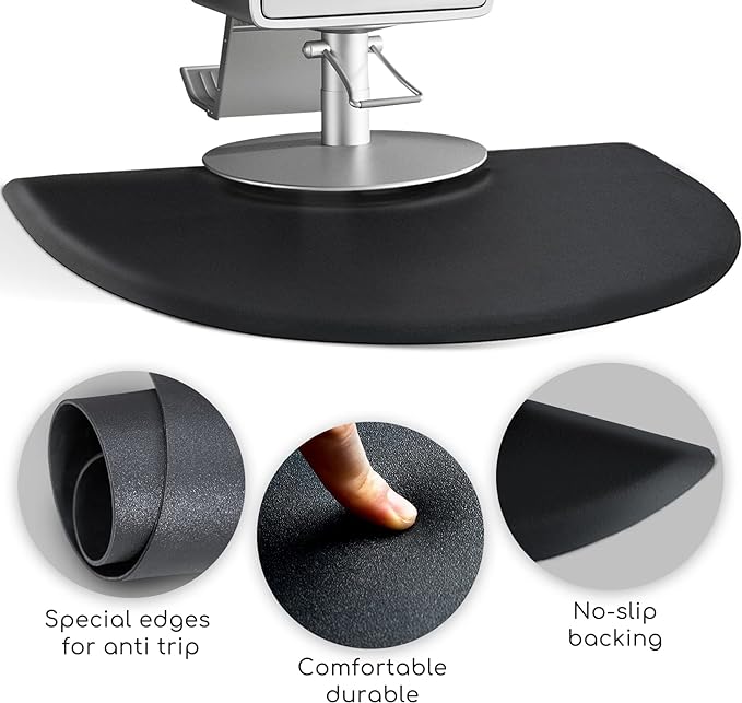 Salon Mat for for Hairstylist 3'x5' Barber Shop Anti-Fatigue Salon Standing Chair Mat - Black Semi Circle 1/2" Thick Comfort Salon Mat, Hair Cutting Hairdressing Equipment