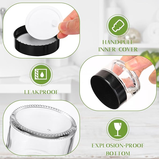 Domensi 60 Pcs 1oz Glass Jars with Lids Bulk Salve Tins Small Glass Candle Cosmetic Jars for Travel with Inner Liners Containers for Lotions Sample Cream(Clear, Black Lid)
