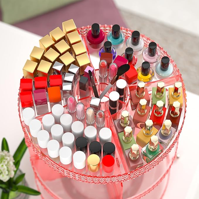 Pink 360 Makeup Organizer Carousel, Makeup Organizer for Vanity, Acrylic Make Up Organizer, Large 7 Layers 360 Makeup Organizer, Fits Makeup Brushes, Lipsticks, Bathroom, Vanity, Plus Size Pink