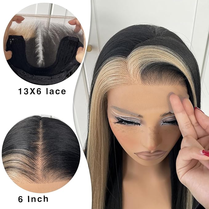 13x6 Glueless Skunk Stripe Straight Wig Black And White Highlight Lace Front Wig Pre-Plucked Yaki Synthetic Grey HD Lace Front Wig 32inch