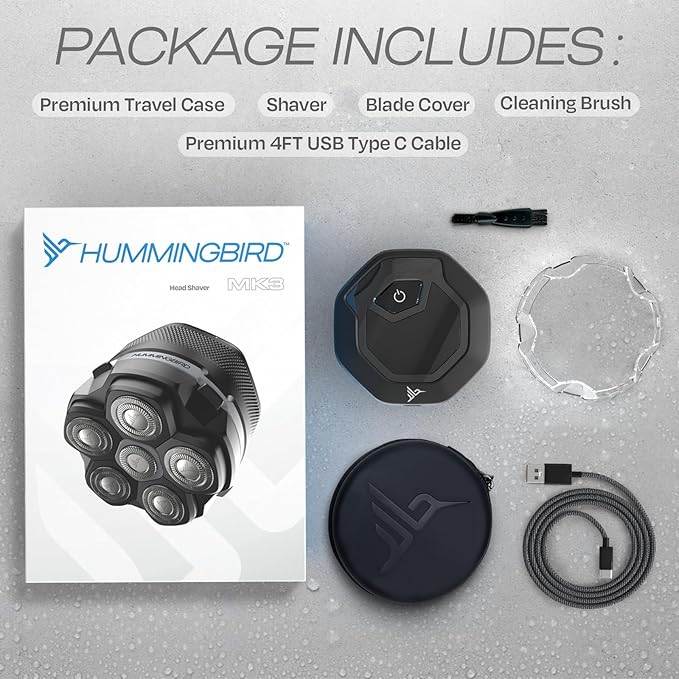 HUMMINGBIRD™ Head Shavers for Bald Men - MK3 Mens Head Shaver, Detachable Head, Wet/Dry Electric Razor, Rotary Bald Head Shavers for Men, Waterproof, Cordless USB-C Rechargeable Skull Shaver with case