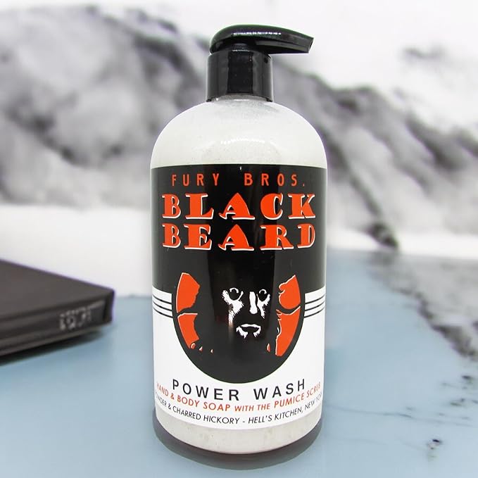 Premium Power Wash | Black Beard | Gunpowder & Charred Hickory | Hand & Body Wash | Exfoliating Pumice | Moisturizing Aloe Vera | Highly Scented | Made in USA | 16 oz | Dad Men Bath