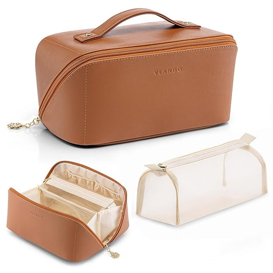 Vlando Travel Makeup Bag,Teacher Appreciation Gifts,Brown Leather Make up Bagr for Women,Makeup Brushes Bag with Divider and Handle,Gifts for Mom Women Traveler