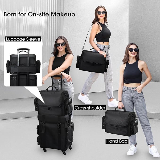 18.1" Extra Large Makeup Bag, Travel Makeup Organizer Big Makeup Cases Make up Cosmetic Train Case Professional Organizer Box Cosmetology Bag for Artist,Nail,Tattoo with 4 Clear Pouch Bags