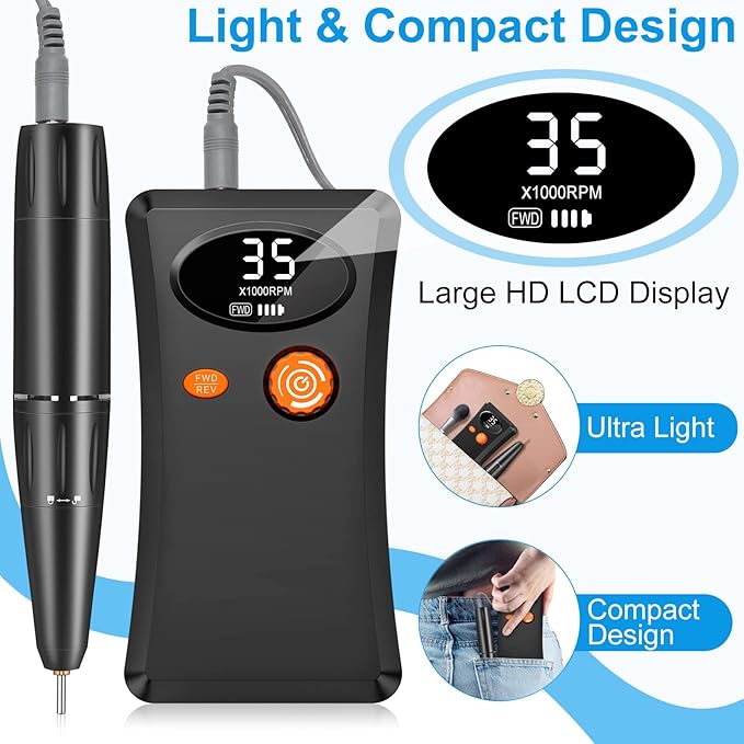 Electric Nail Drill, Urbuti 35000RPM Professional Nail Drill Machine, Portable Rechargeable File Machine Set for Acrylic Gel Nails, Manicure Pedicure Tools for Home and Salon Use(Black)