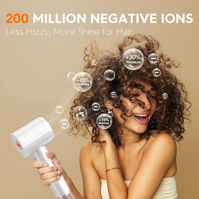 Ionic Hair Dryer, Professional High Speed Blow Dryer with Brushless Motor for Fast Drying, Low Noise, Lightweight, Thermo-Control Bowdryer for Women Home (White)