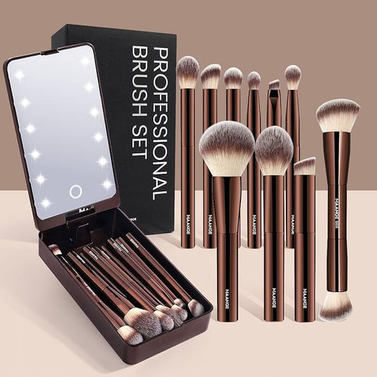 MAANGE 10 Pcs Makeup Brush Set Double-ended Kabuki Brush Travel Makeup Brushes for Foundation Powder Concealers Eye Shadows Makeup Tools Set with LED Light Mirror (Coffee Brown)