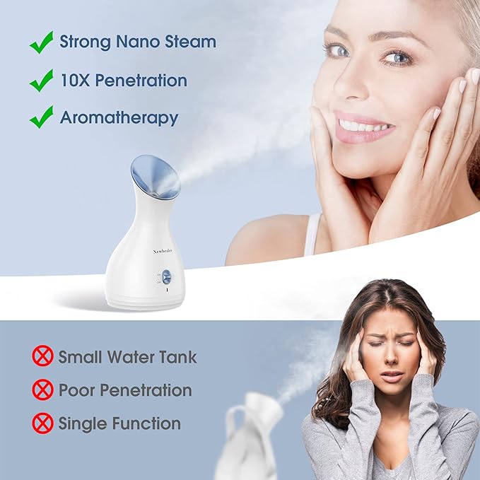 Newbealer 2in1 Facial Steamer, Hot Mist Facial Aromatherapy Humidifier Atomizer, Large Face Steamer Unclogs Pores Sinuses Moisturizing, Home Sauna Spa with Eyebrow Set (Blue, 170 ml)