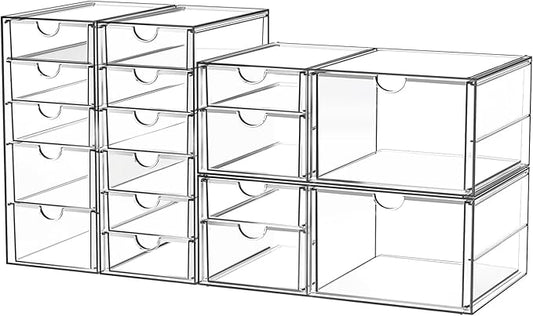 Acrylic Makeup Organizer with 17 Drawers, 4 Pack Clear Bathroom Counter Organizer for Palettes, Cosmetic, and Beauty Supplies,Ideal for Vanity, Cabinet,Desk Organization
