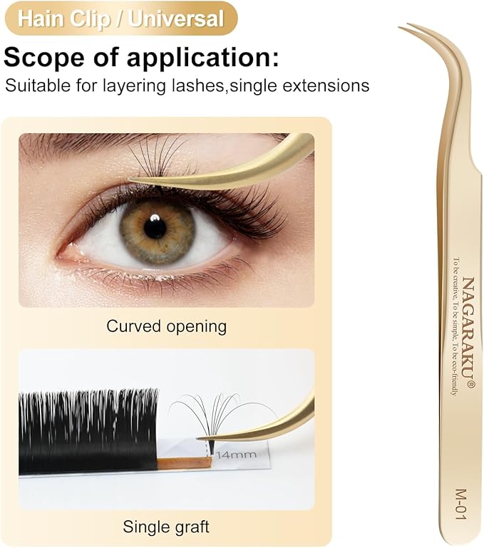 NAGARAKU Tweezers for Eyelash Extensions Straight and Curved Precision Professional Volume Easy Fanning lash Precise Point 1 Pair Tweezers for Lash(M-01 and M-02)