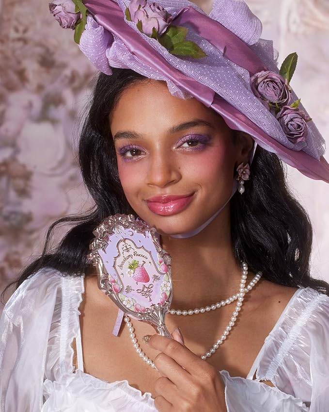 Flower Knows Strawberry Rococo Hand Mirror,Portable Vintage Handheld Mirror,Durable Metal Mirror,Cute & Aesthetic Princess Mirror,with Long Handle for Easy Holding,Gift for Girls(Wisteria Purple)