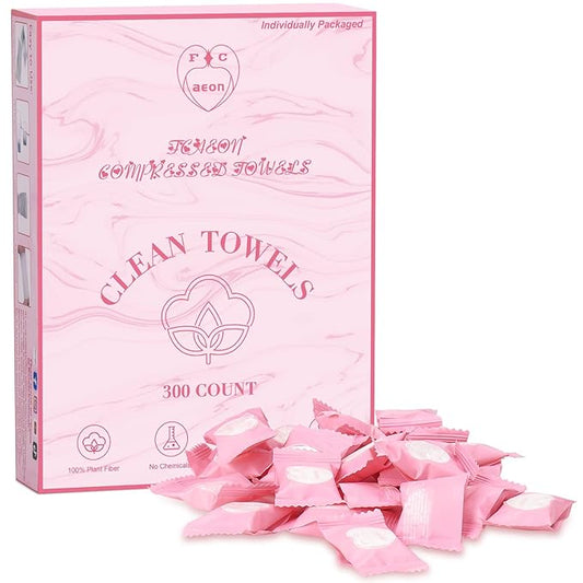 Compressed Disposable Face Towel Cleaning Kit 300pcs,Portable & Compact Travel Size Towel Wash Cloth Cotton Wipes Tablets Coin Tissue Towelettes for Hotel Camping Backpacking Hiking(Pink)