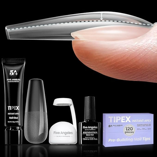 Tipex Gel Nail Tips Kit,Pre-etched Acrylic Hard Nail Tips Set for Beginners,Long Coffin Full Cover Press On Nails,Deep C Curve Flat Nails,UV Nail+Glue+LED Lamp+Base Gel