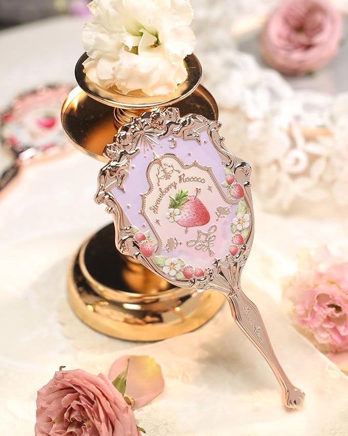 Flower Knows Strawberry Rococo Hand Mirror,Portable Vintage Handheld Mirror,Durable Metal Mirror,Cute & Aesthetic Princess Mirror,with Long Handle for Easy Holding,Gift for Girls(Wisteria Purple)
