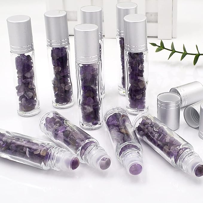 Essential Oil Roller Bottle 10ml w EVA Carrying Travel Case（Clear Glass Bottle with silver Cap、10pack、Gemstone Roller Balls、Healing Crystal Chips Inside、Opener)Gemstone Roller Ball Bottles