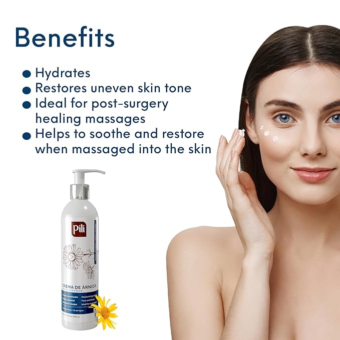 Pili Arnica Cream 8.4 oz. Deep Hydration & Soothing Relief for Dry, Rough Skin & Discoloration. Lightweight Face, Hand & Body Moisturizer – Crema de arnica, Non-Greasy & Fast Absorbing.