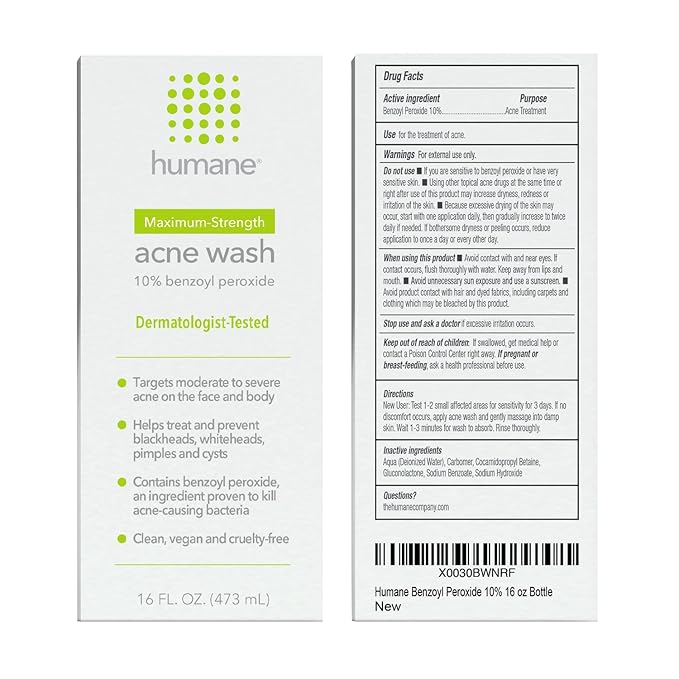humane Benzoyl Peroxide Acne Body Wash - 10% Maximum-Strength Acne Treatment for Face, Skin, Butt, Back and Body - 16 Fl Oz - Dermatologist-Tested Non-Foaming Cleanser - Vegan, Cruelty-Free