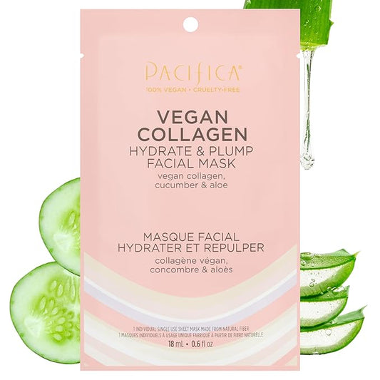 Pacifica Sheet Face Mask - Vegan Collagen Hydrate & Plump with Cucumber & Aloe – Moisturizing Mask for Dry & Aging Skin - Clean Beauty Vegan & Cruelty-Free Dermatologist Tested