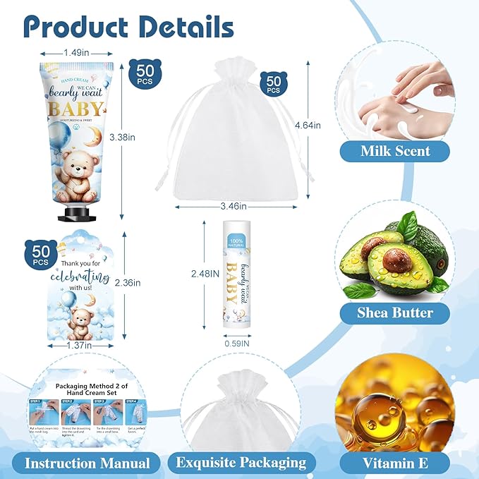 50 Pack Lip Balm and Hand Cream Bulk Gifts Sets, Baby Shower Party Favors and Bridal Shower Favors for Guests with Thank You Card and Organza Gift Bags, Thank You Gifts Bulk, Baby Shower Prizes (Bear)
