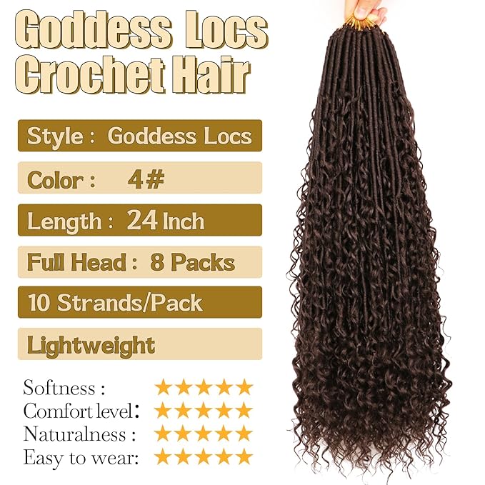 8 Packs Goddess Faux Locs Crochet Hair-24 Inch Boho Soft Locs Crochet Hair for Black Women (#4, 24 Inch(Pack of 8))